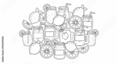 Many jars of lemonades with lemon slices and whole lemons