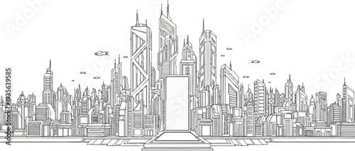 Futuristic city skyline with sleek buildings, flying vehicles, and a grand entryway