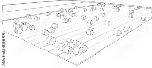A sketch of cylindrical hay bales scattered across a striped field