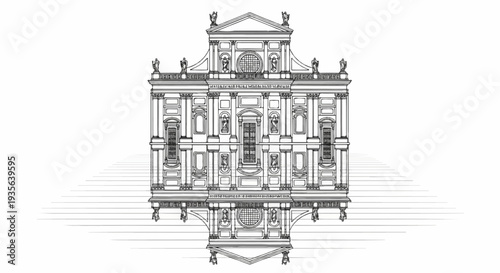 Elaborate Baroque facade drawing with symmetrical elements and a receding staircase effect