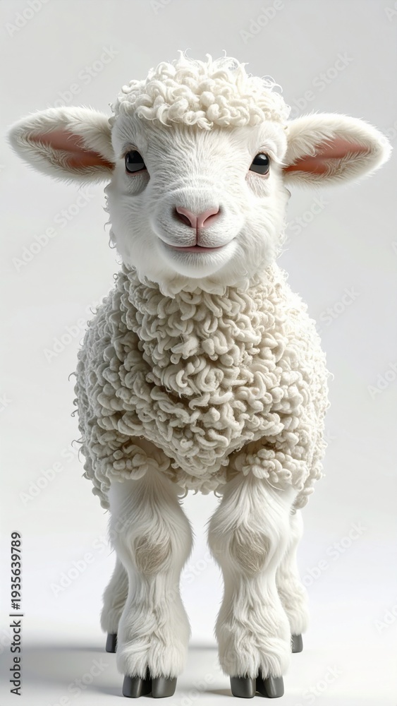 Fototapeta premium Cute White Lamb with Woolly Fur Standing on Light Gray Background