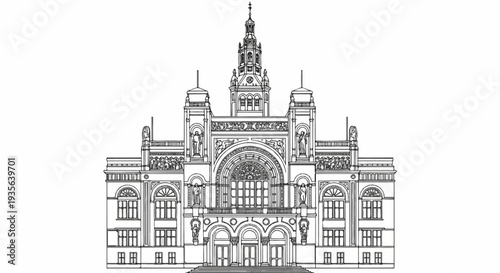 Ornate classical building facade with detailed central arch and towers