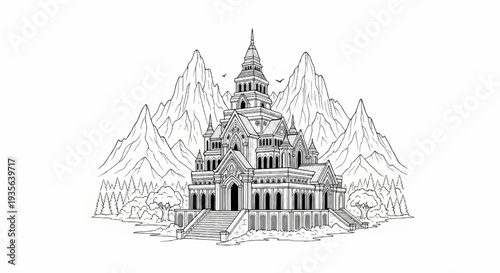 Ornate temple nestled amongst jagged peaks and lush trees