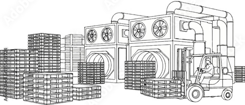 Forklift moves stacked pallets near large industrial machinery with fans