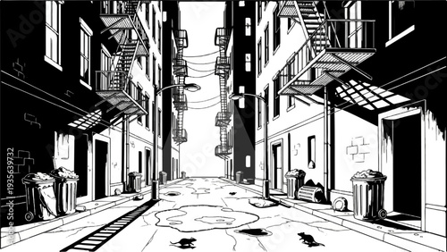 Grimy alley between brick buildings with fire escapes, dumpsters, and rats