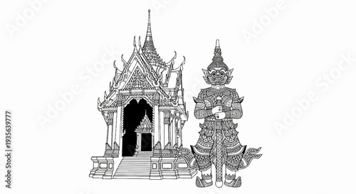 Ornate temple structure with a large, decorated mythical guardian figure