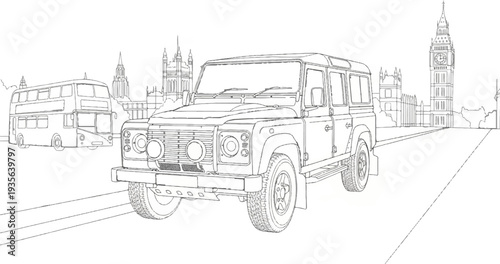 Line art of a vehicle and double-decker bus with famous London landmarks