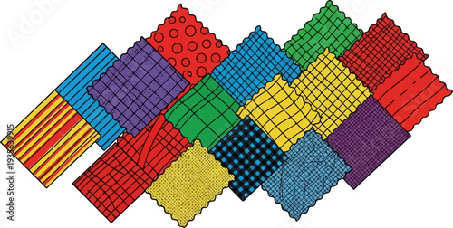 Overlapping diamond shapes with varied patterns and vibrant colors