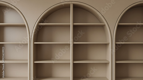 Modern beige arched shelving units with empty shelves