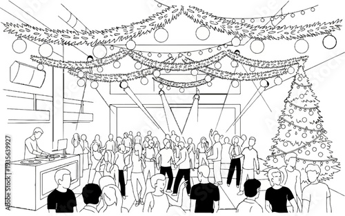 Lively interior scene with a DJ and dancing crowd at a festive holiday party