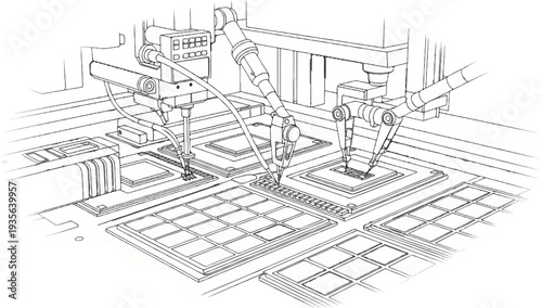 Robotic arms precisely assemble electronic components on a production line