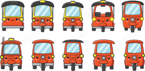 Cute Tuk Tuk Rickshaw Cartoon Character Set with Different Expressions Front View Transport Mascot Vector Illustration for Urban Travel Design