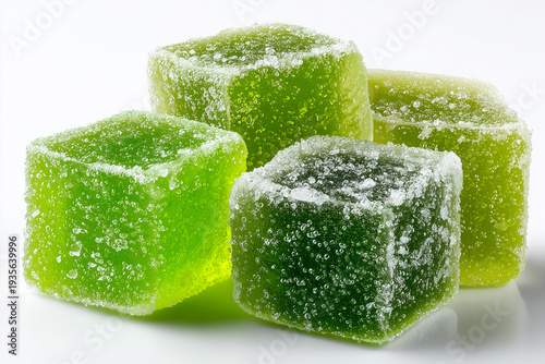 Translucent green jelly cubes coated in granulated sugar, arranged in a small cluster, on reflective white background.