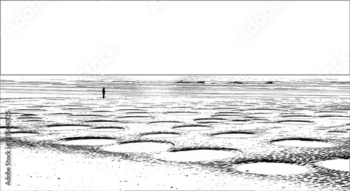 Lone figure traverses vast, textured expanse under a boundless sky