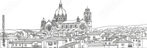 Ornate domed cathedral dominates skyline of rooftops and hills