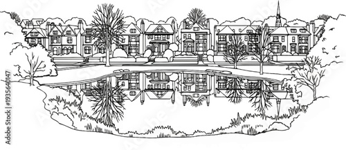 Sketch of houses with a pond reflecting the scene and a spire