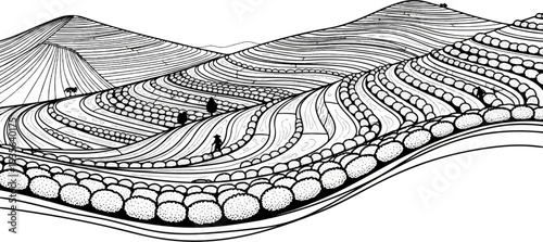 Stylized illustration of terraced hillsides with a meandering river and figures