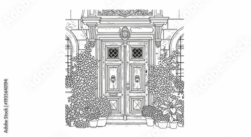 Ornate entryway with a double door, ornate carvings, and potted plants