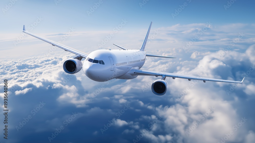 Obraz premium Commercial airplane flying above clouds in clear blue sky 