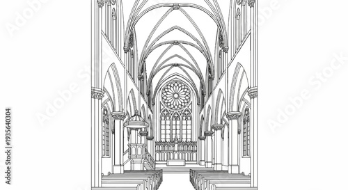 Ornate Gothic interior with vaulted ceilings, altar, rose window, and pews