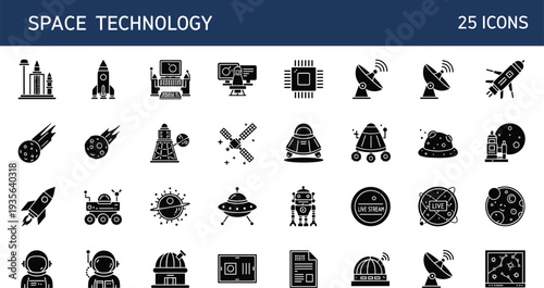 Space technology solid black icons set with rocket satellite astronaut rover radar planet astronomy symbols vector illustration isolated on white background