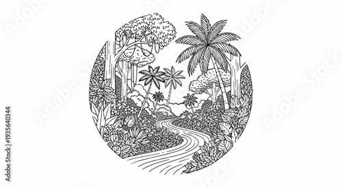 Winding path through a lush, tropical forest with palm trees