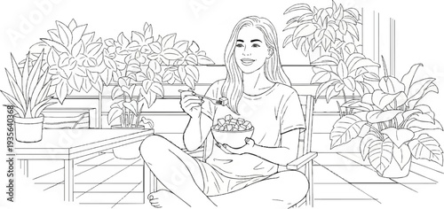 Woman sitting cross-legged, eating from a bowl amidst lush potted plants