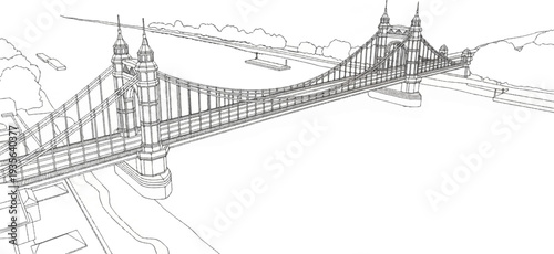 Ornate suspension bridge with towers, crossing a wide river under a treeline