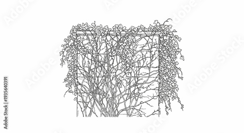 A detailed sketch of a climbing plant with intricate branches and leaves