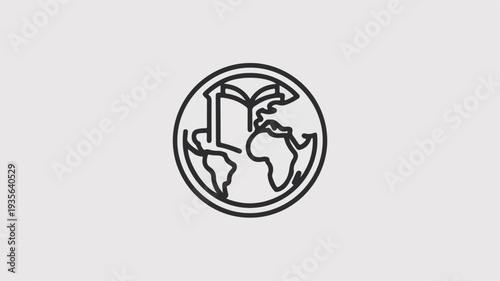 Simple line art logo of a globe with a book symbolizing education and global learning on a plain background