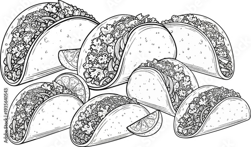 A collection of delicious tacos with lime slices, black and white sketch