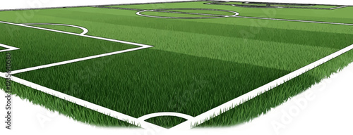 A close-up, high-angle, 3D-rendered view of a vibrant green soccer field