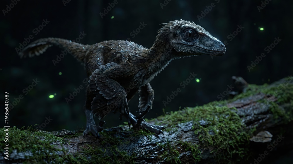 Obraz premium Realistic velociraptor hatchling in lush jungle setting with glowing fireflies at nighttime
