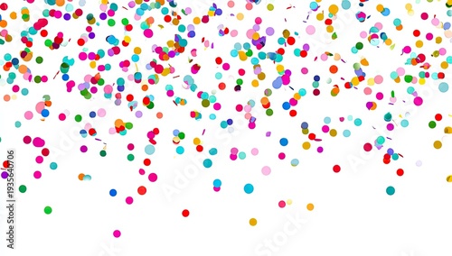 A shower of colorful confetti against a white backdrop, creating a festive, celebratory vibe