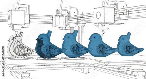 3D printers create a line of blue bird figurines on a white platform