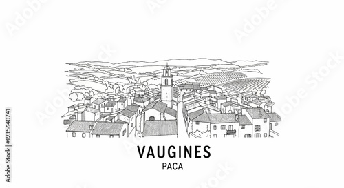 Sketch of a hillside village with a bell tower and surrounding vineyards