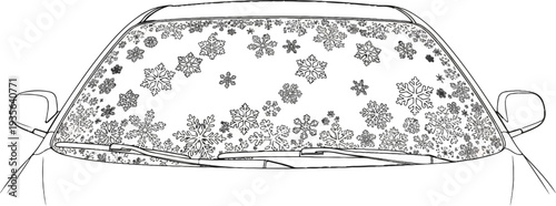 Snowflakes adorn a car's windshield, obscuring the view with winter's delicate touch