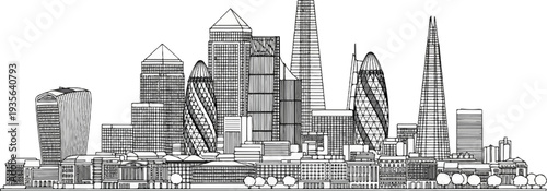 Striking monochromatic sketch of a modern city skyline filled with skyscrapers