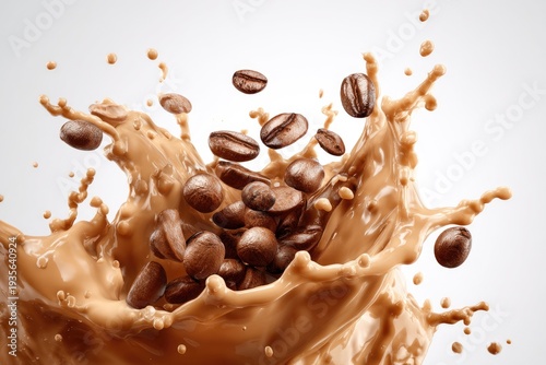 Coffee beans bursting from a splash of creamy liquid against a clean white backdrop