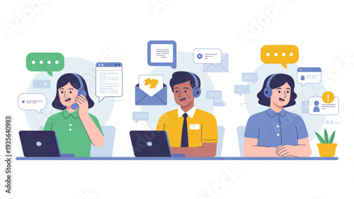 Customer support team working at call center with computers and headsets chatting with clients online