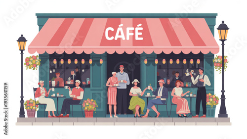 People enjoying coffee and conversation outside colorful caf with striped awning and street lamps