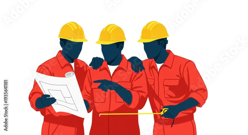 Three Construction Workers Discussing Project.