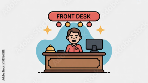 Receptionist smiling behind hotel front desk with computer and bell