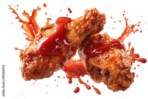 Two crispy fried chicken wings are splashed with bright red sauce against a white background