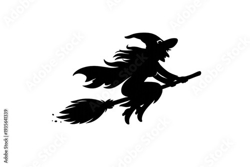 Mysterious Witch Flying on Broomstick Silhouette Vector - Iconic Halloween Sorceress for Spooky Decorations, Fantasy Art, Magical Events, and Festive Celebrations