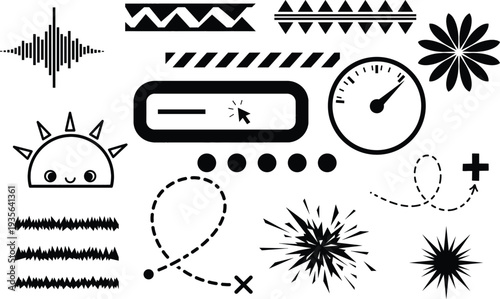 Collection of diverse black vector icons including loading bars gauges sun symbols and decorative borders for creative website design application interfaces and various digital assets