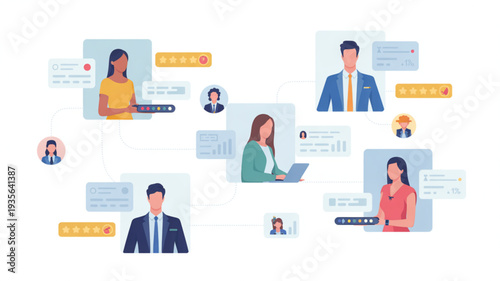 People communicating online through video calls and messaging apps on devices