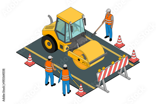 Road roller construction workers in orange vests and hard hats operating heavy machinery