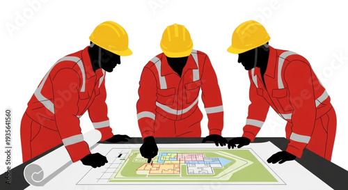 Three construction workers in hard hats and safety vests reviewing blueprints on a table.