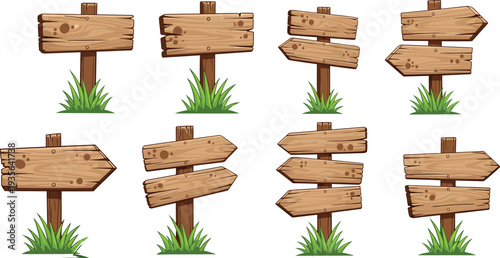 Rustic Wooden Direction Signboards Collection with Arrow Boards and Grass Isolated Vector Set for Navigation Guide Design